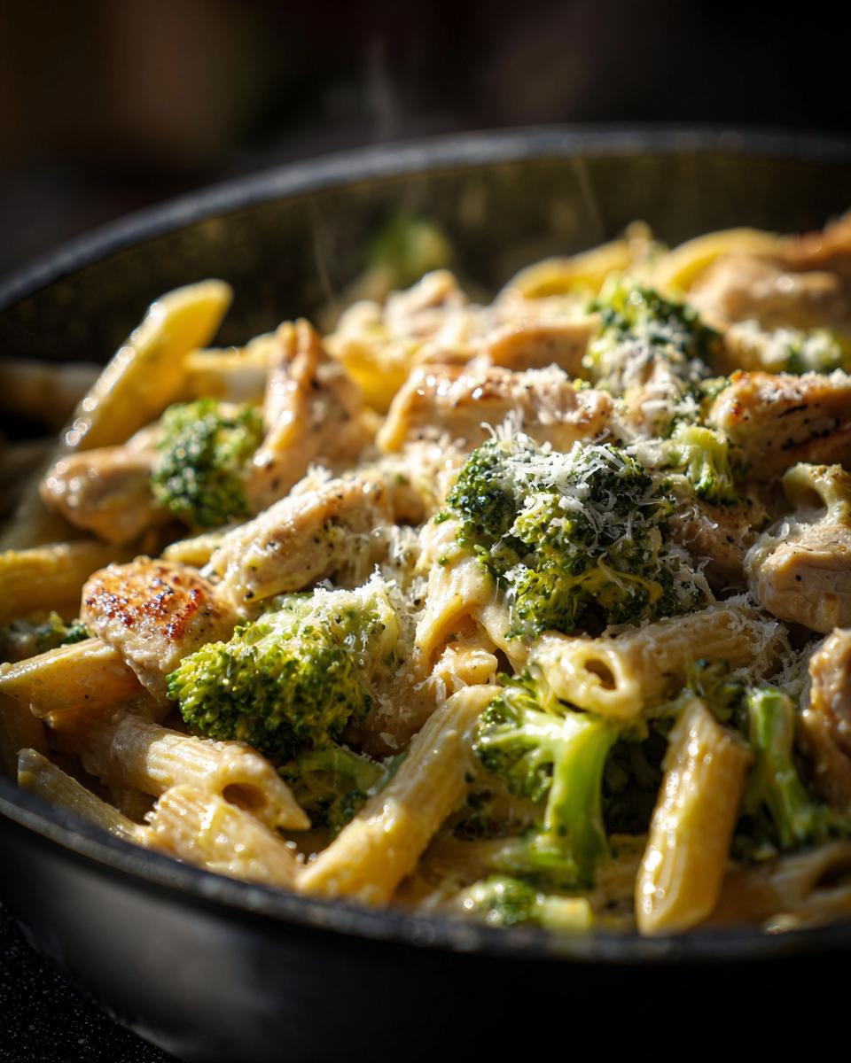 Stovetop creamy chicken and broccoli pasta with grated cheese in a black skillet