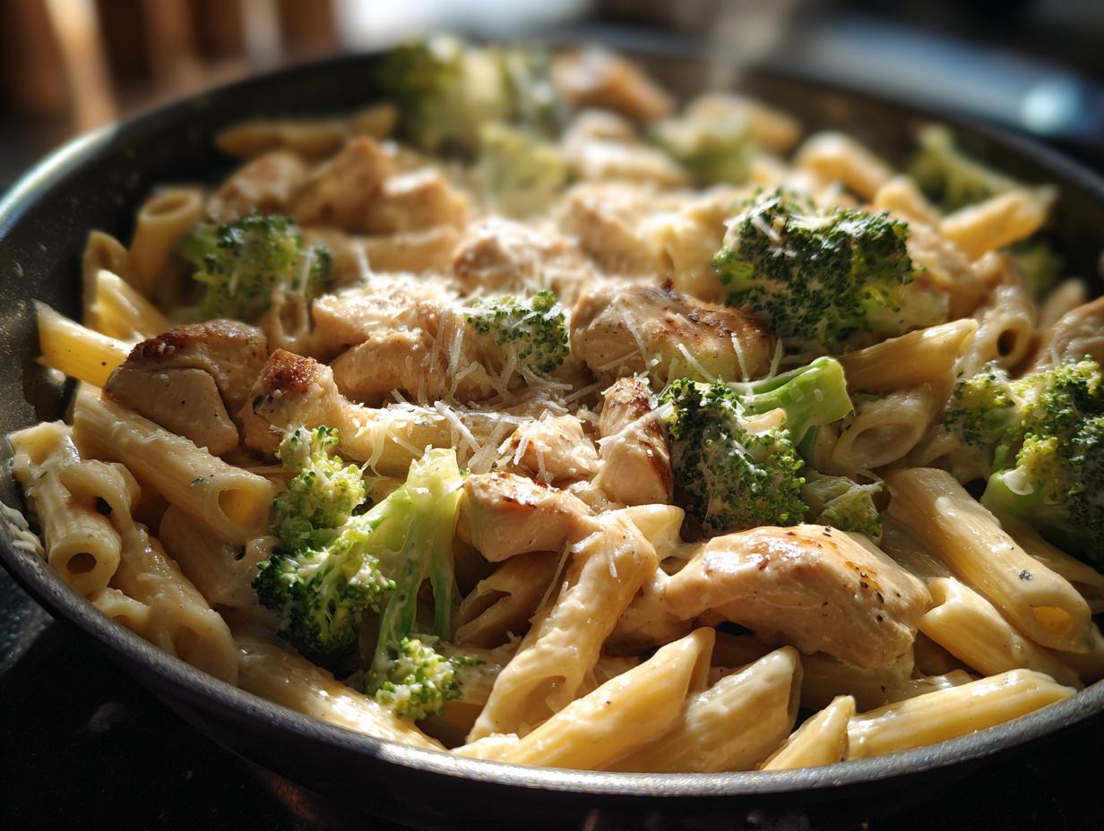 Pan of stovetop creamy chicken and broccoli pasta with penne, broccoli florets, and grilled chicken pieces.