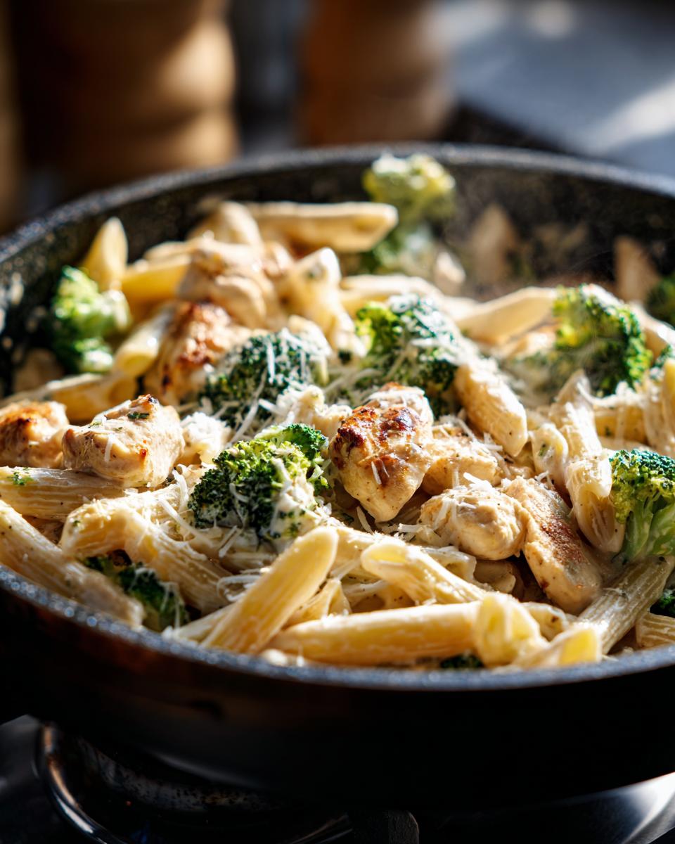 Skillet with stovetop creamy chicken and broccoli pasta with grilled chicken pieces and broccoli florets.