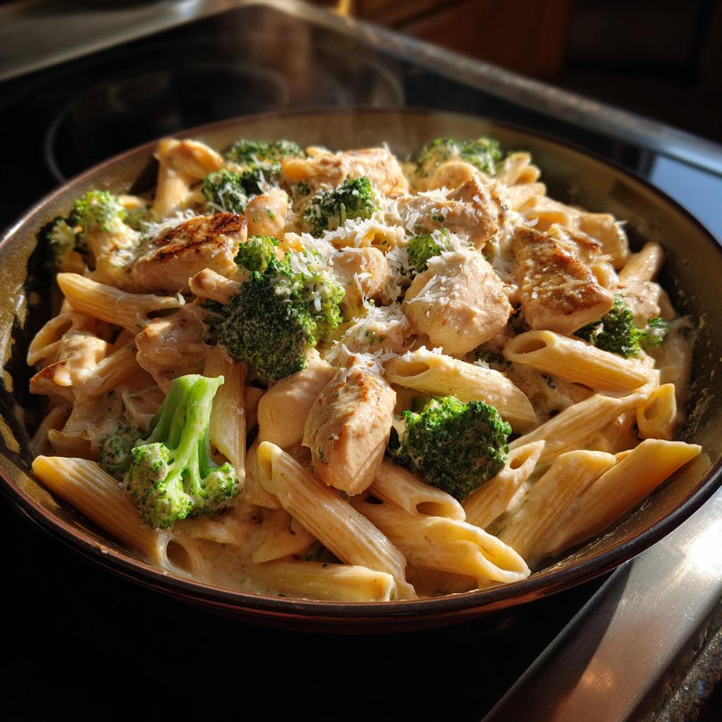 Creamy stovetop chicken and broccoli pasta with grilled chicken pieces and penne in a skillet
