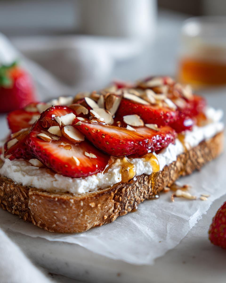 Slice of toast topped with cottage cheese, fresh strawberry slices, almond slivers, and honey drizzle.