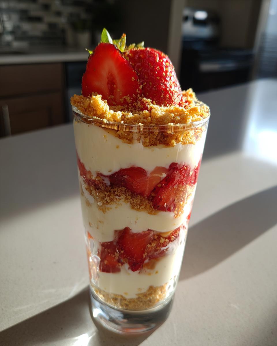Layered strawberry cheesecake parfait with cream, strawberries, and crumb topping in a glass.