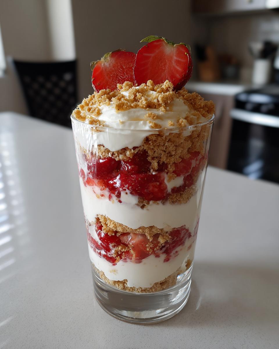 Strawberry cheesecake parfait in glass with layers of cream, crushed cookies, and fresh strawberries.