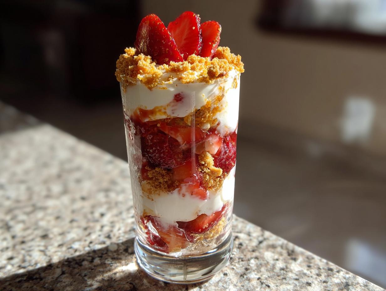 Strawberry cheesecake parfait with layers of strawberries, cream, and graham cracker crumbs in glass.