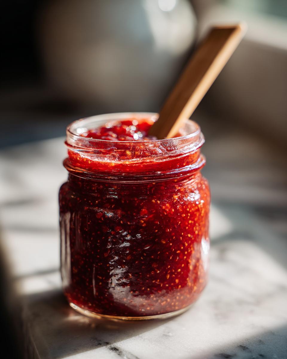 Close-up of a jar filled with vibrant red strawberry chia jam dessert topping with a wooden spoon inside