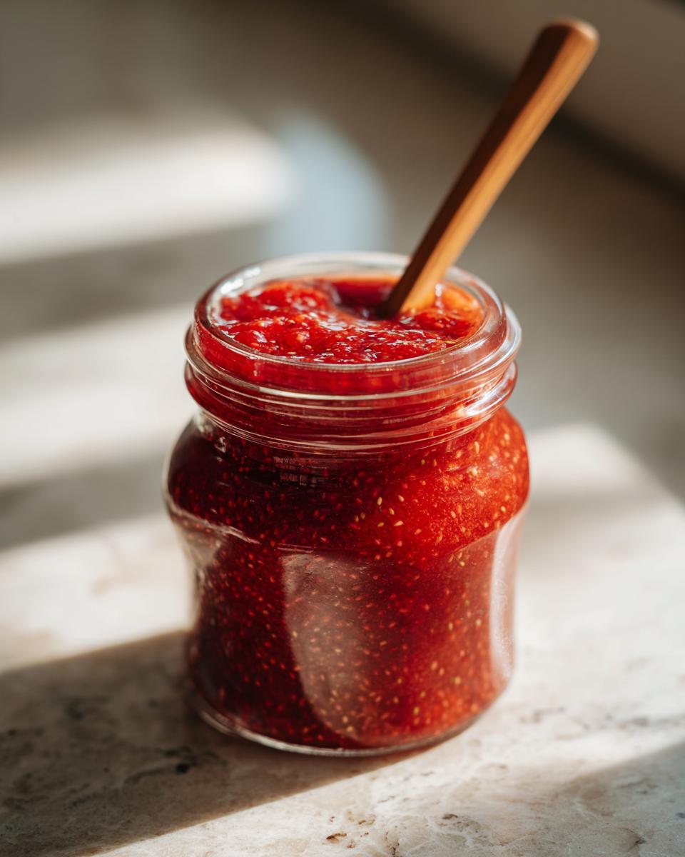 Glass jar filled with vibrant red strawberry chia jam dessert topping with wooden spoon.