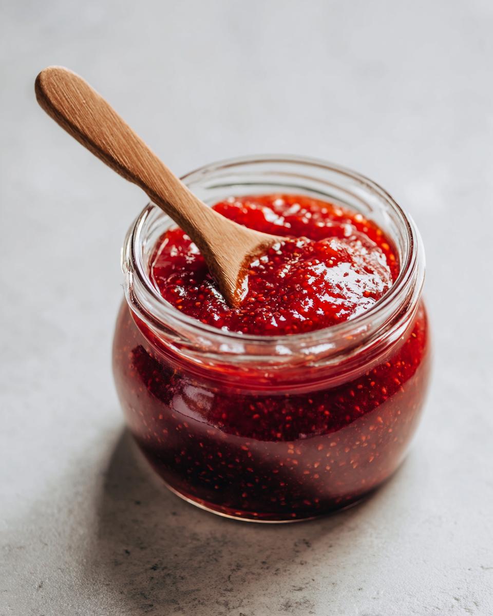 Close-up of a jar filled with vibrant red strawberry chia jam dessert topping with a wooden spoon inside.