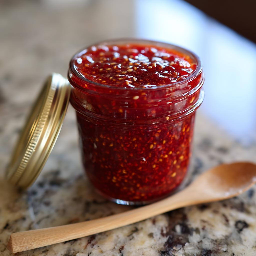 Glass jar filled with vibrant red strawberry chia jam dessert topping with wooden spoon
