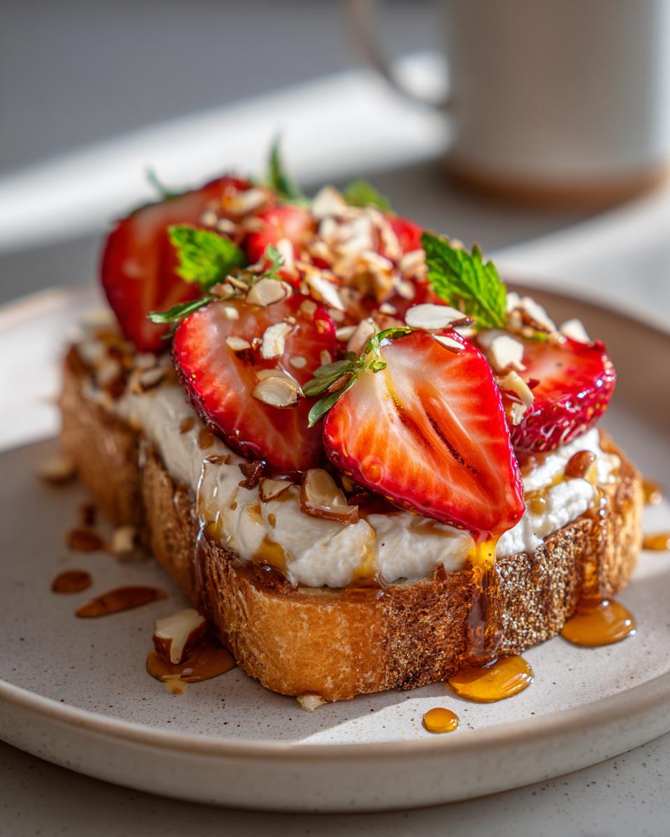 Slice of toast topped with cottage cheese, sliced strawberries, nuts, mint, and honey drizzle
