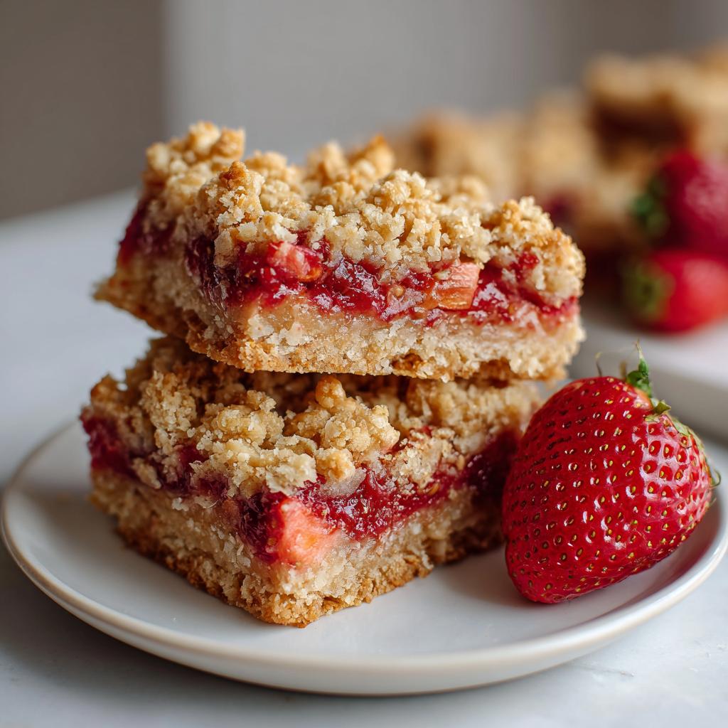 Close-up of two strawberry oat crumble bars dessert stacked on a white plate with a fresh strawberry