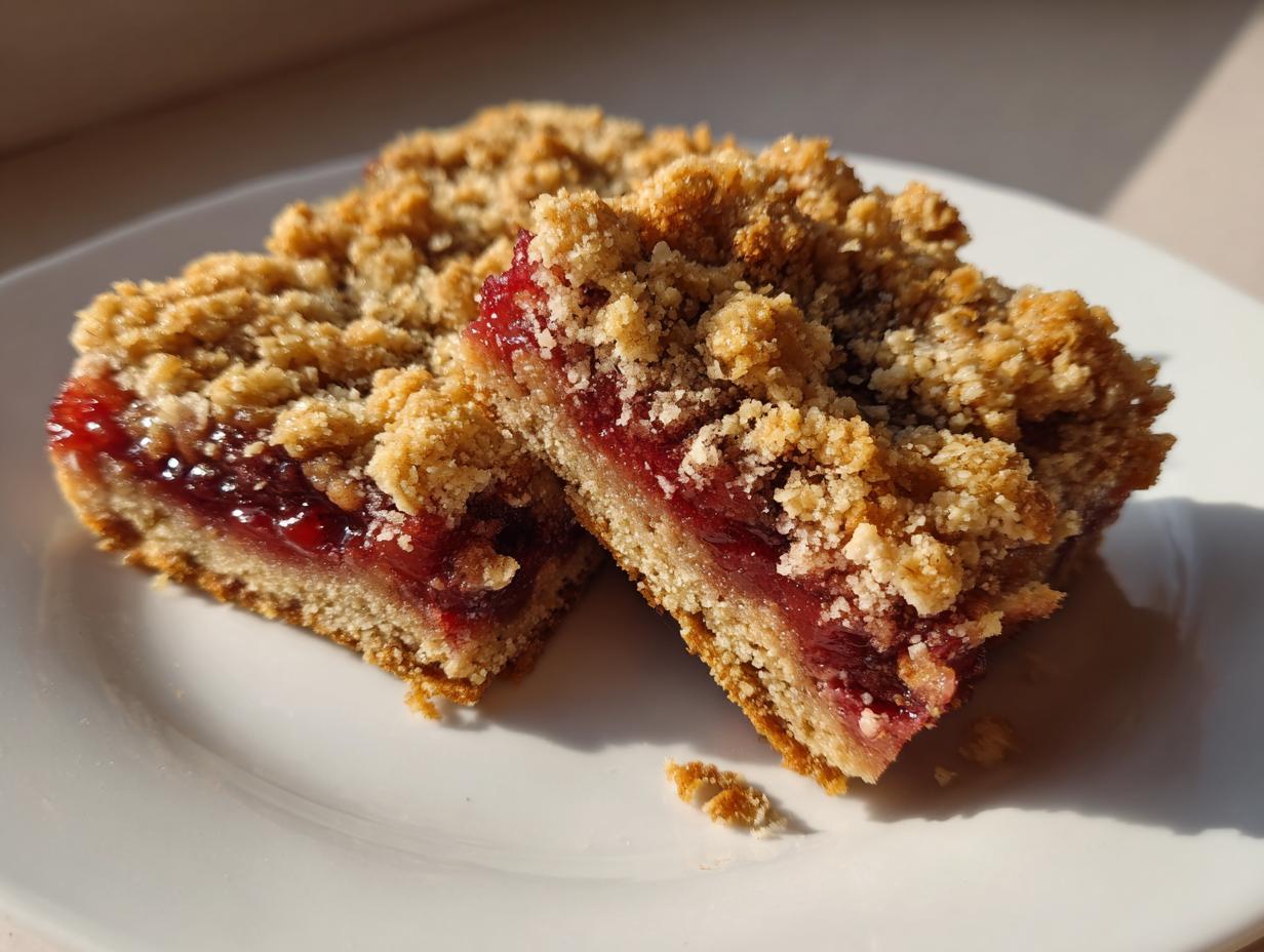 Two pieces of strawberry oat crumble bars dessert with crumbly topping on a white plate.
