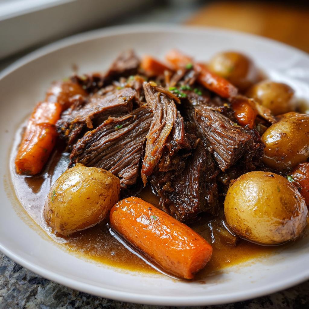 Plate of beef pot roast served with carrots and small potatoes in gravy.
