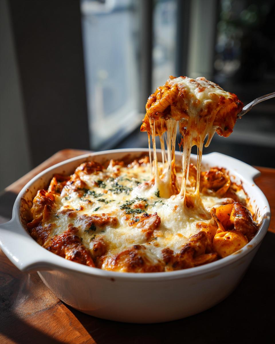 A fork lifting cheesy three cheese baked tortellini casserole with melted cheese stretching