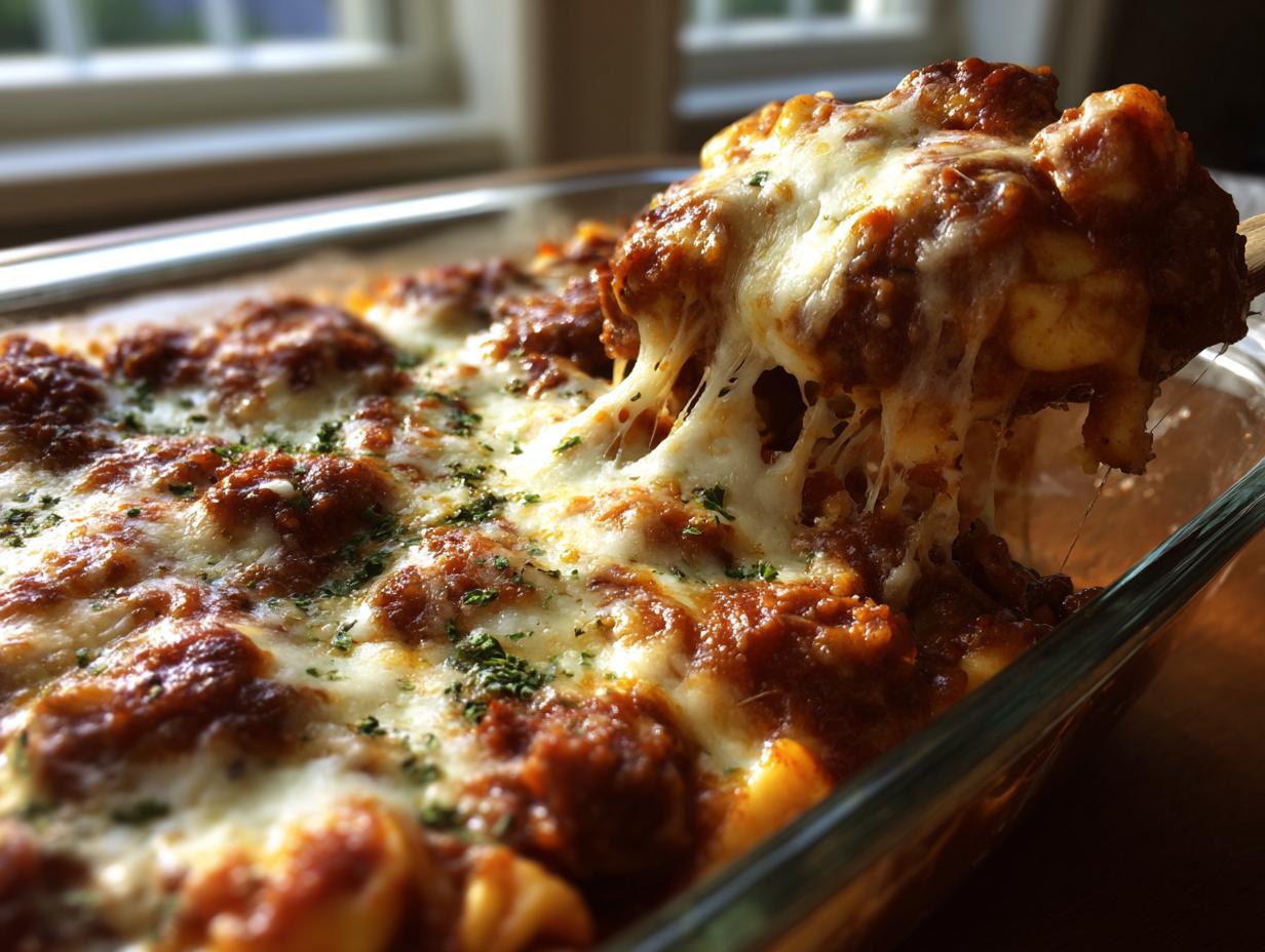 Glass dish of three cheese baked tortellini casserole with melted cheese and tomato sauce