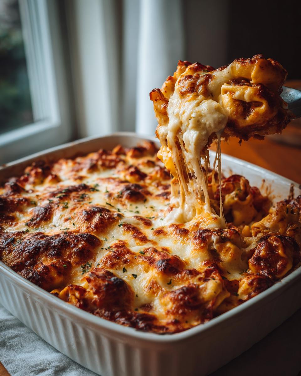 Scoop of three cheese baked tortellini casserole with melted, golden-brown cheese pull.