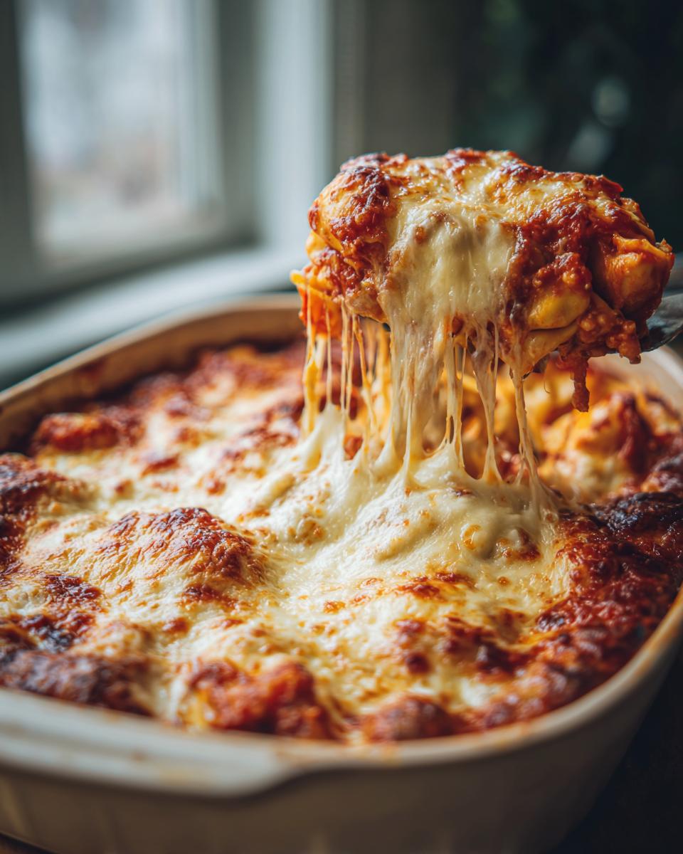 Serving spoon lifting cheesy three cheese baked tortellini casserole with melted cheese stretch