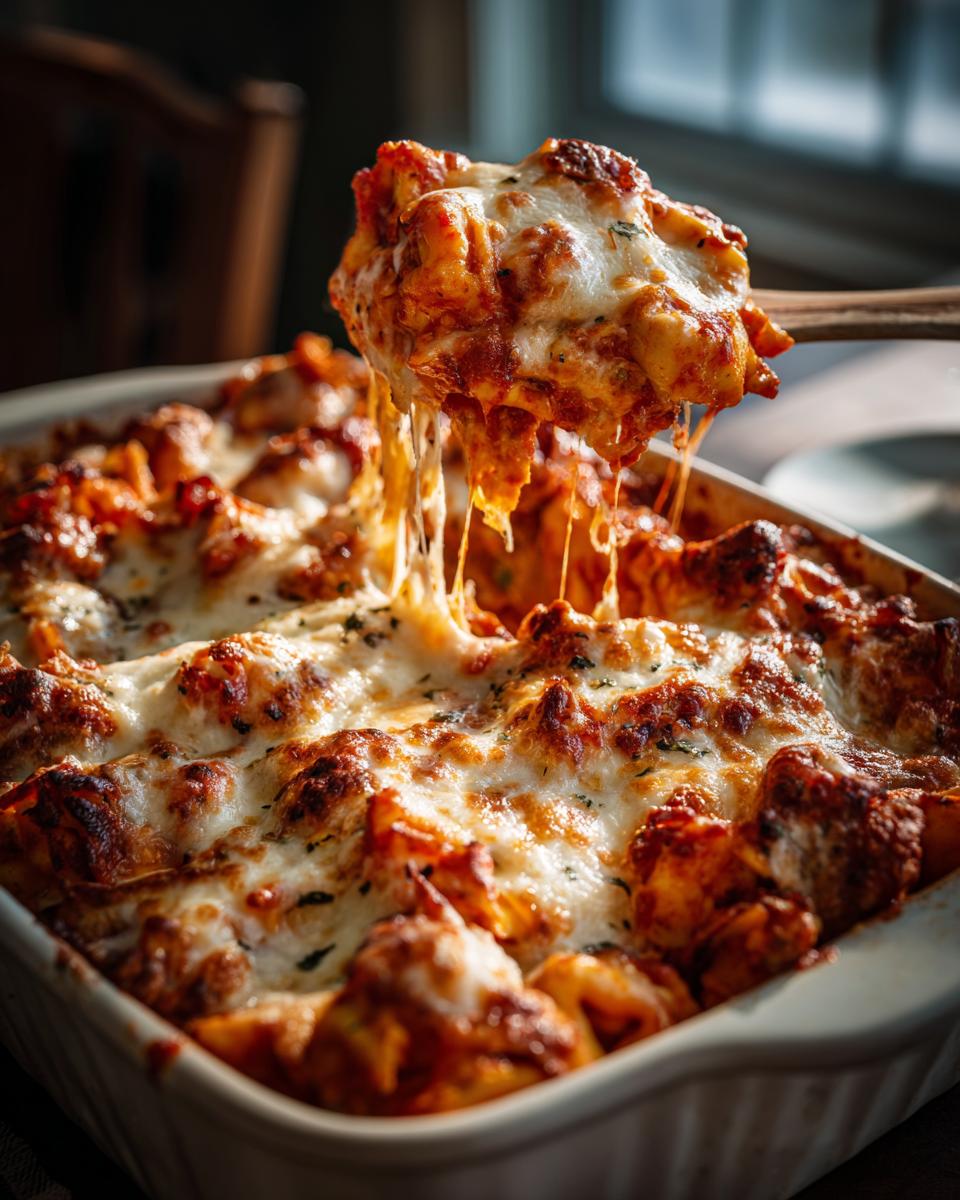 A wooden spoon lifting a cheesy serving of three cheese baked tortellini casserole with melted cheese strings