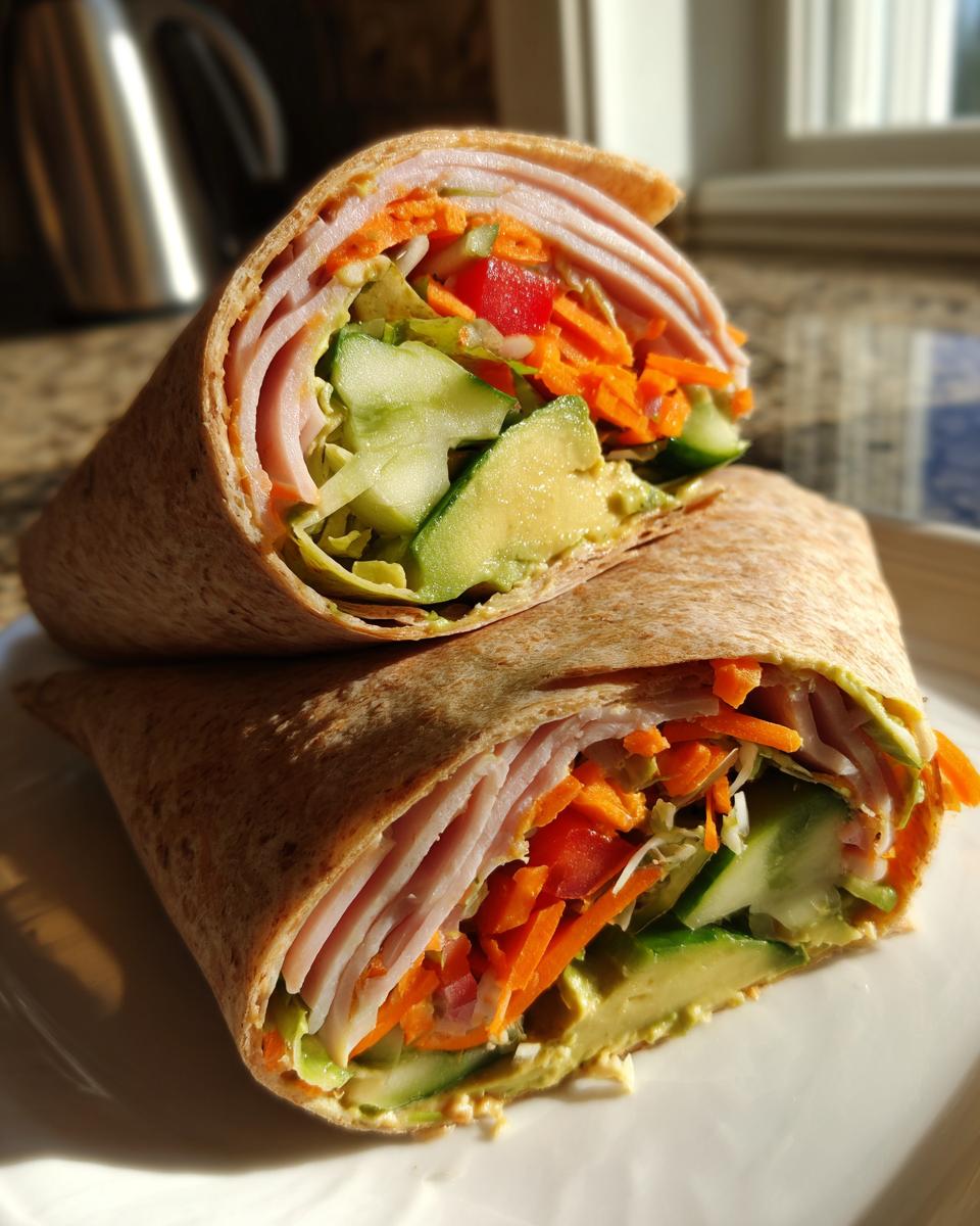 Close-up of turkey avocado veggie wrap recipe with sliced turkey, avocado, carrots, cucumbers, and tomato.