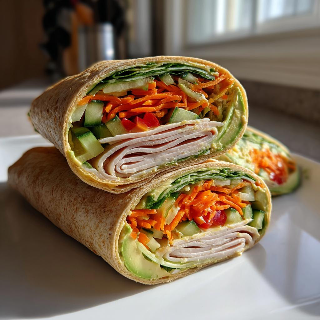 Two halves of a turkey avocado veggie wrap with fresh veggies on a white plate.