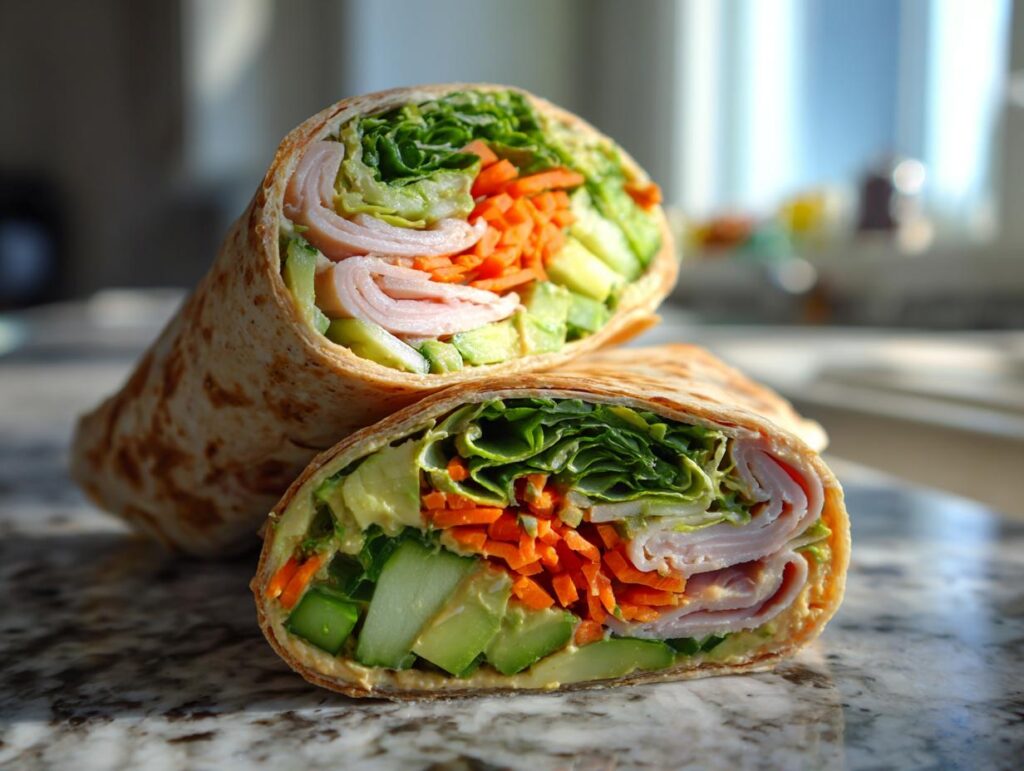 Close-up of two halves of turkey avocado veggie wrap with lettuce, carrots, and cucumber.
