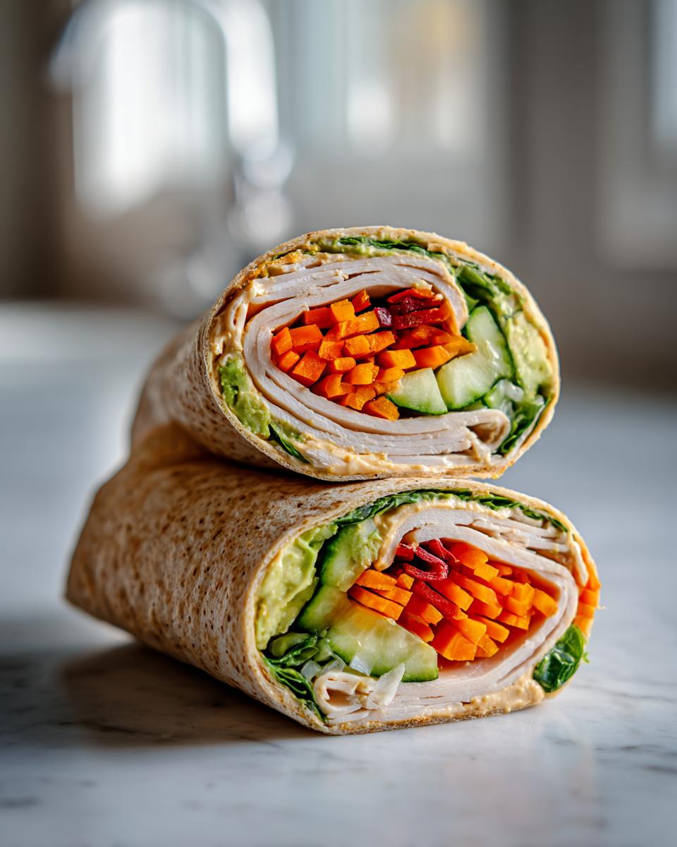 Two halves of a turkey avocado veggie wrap recipe with sliced turkey, avocado, cucumber, and carrots.