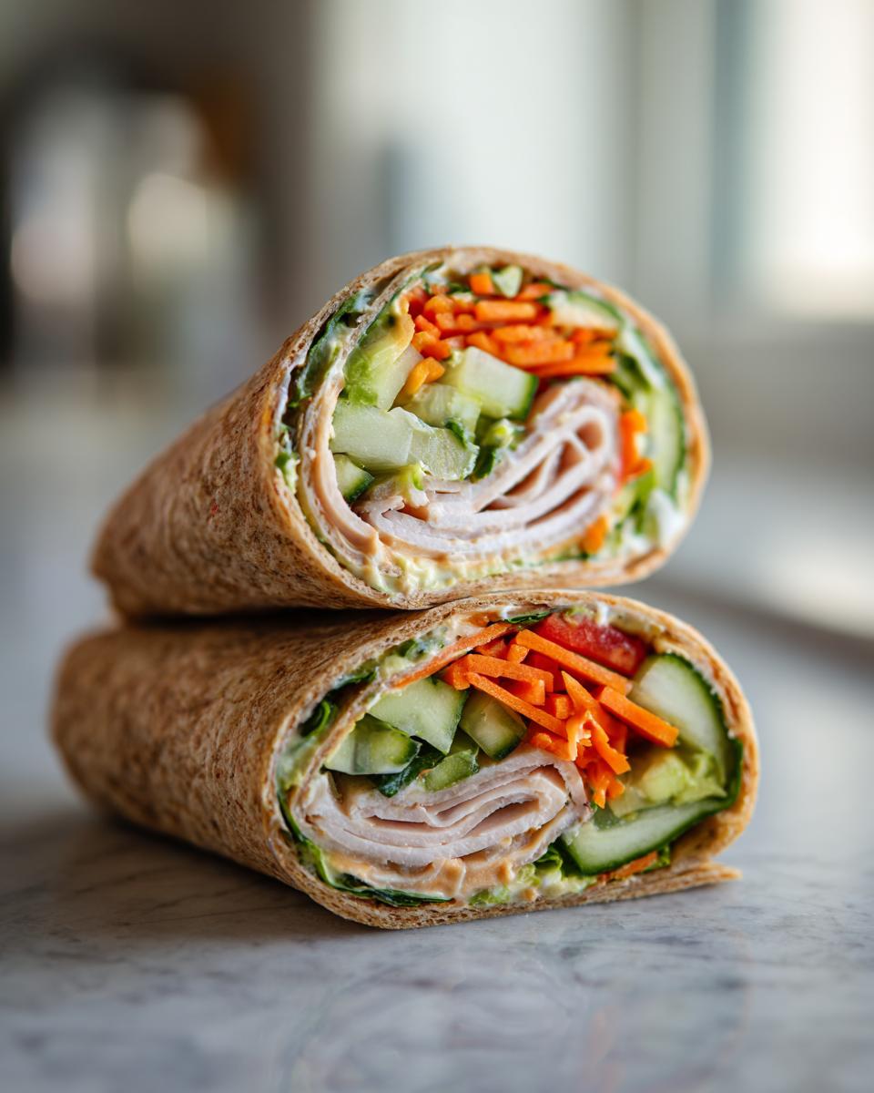 Close-up of two halves of a turkey avocado veggie wrap with colorful vegetables inside.
