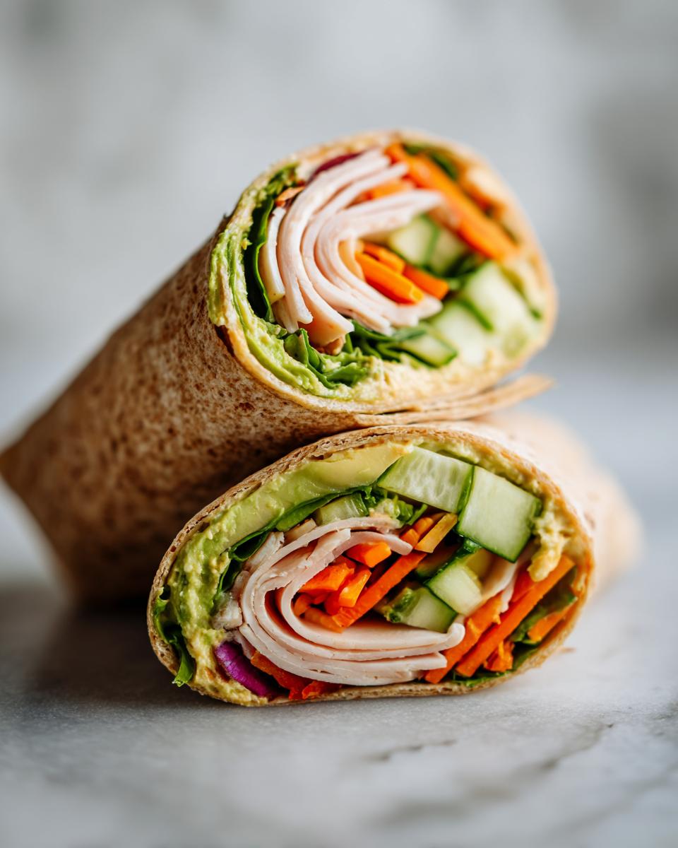 Close-up of a turkey avocado veggie wrap recipe cut in half showing turkey, avocado, and fresh veggies.