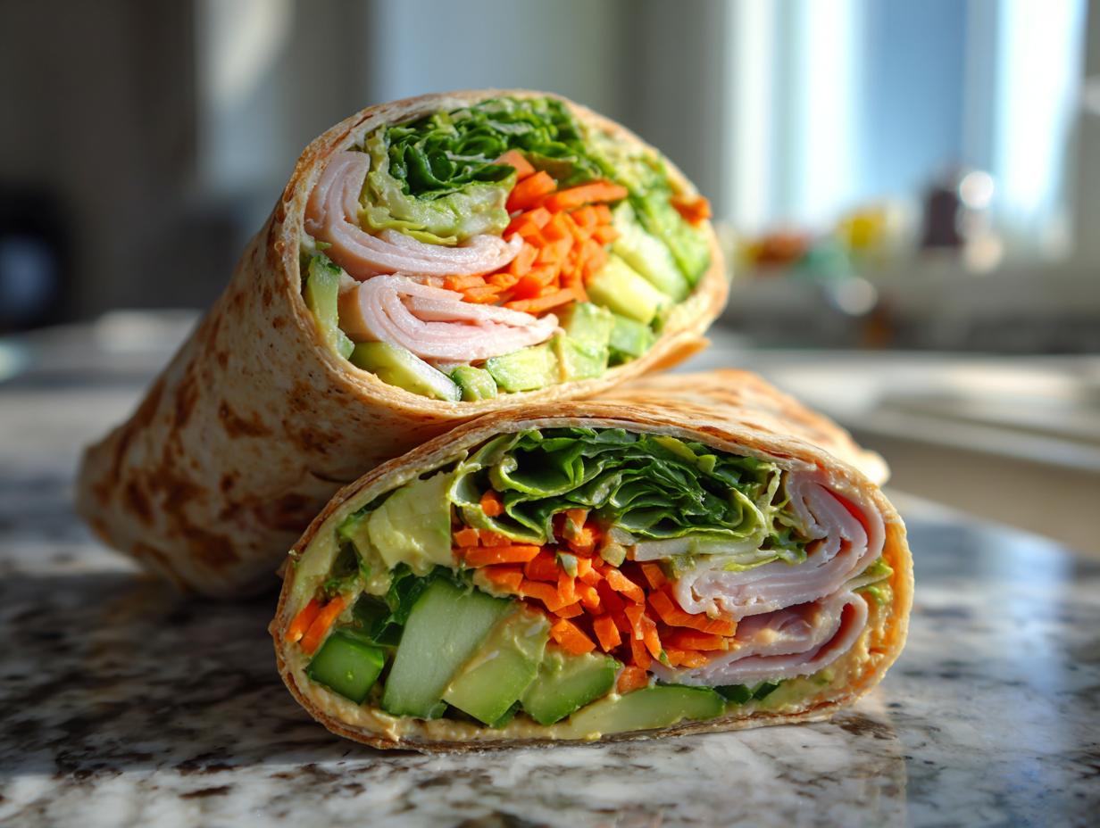 Close-up of two halves of turkey avocado veggie wrap with lettuce, carrots, and cucumber.