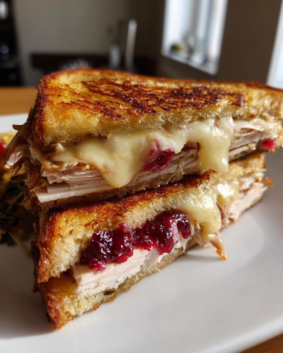 Turkey cranberry grilled cheese sandwich with melted cheese and cranberry sauce on toasted bread