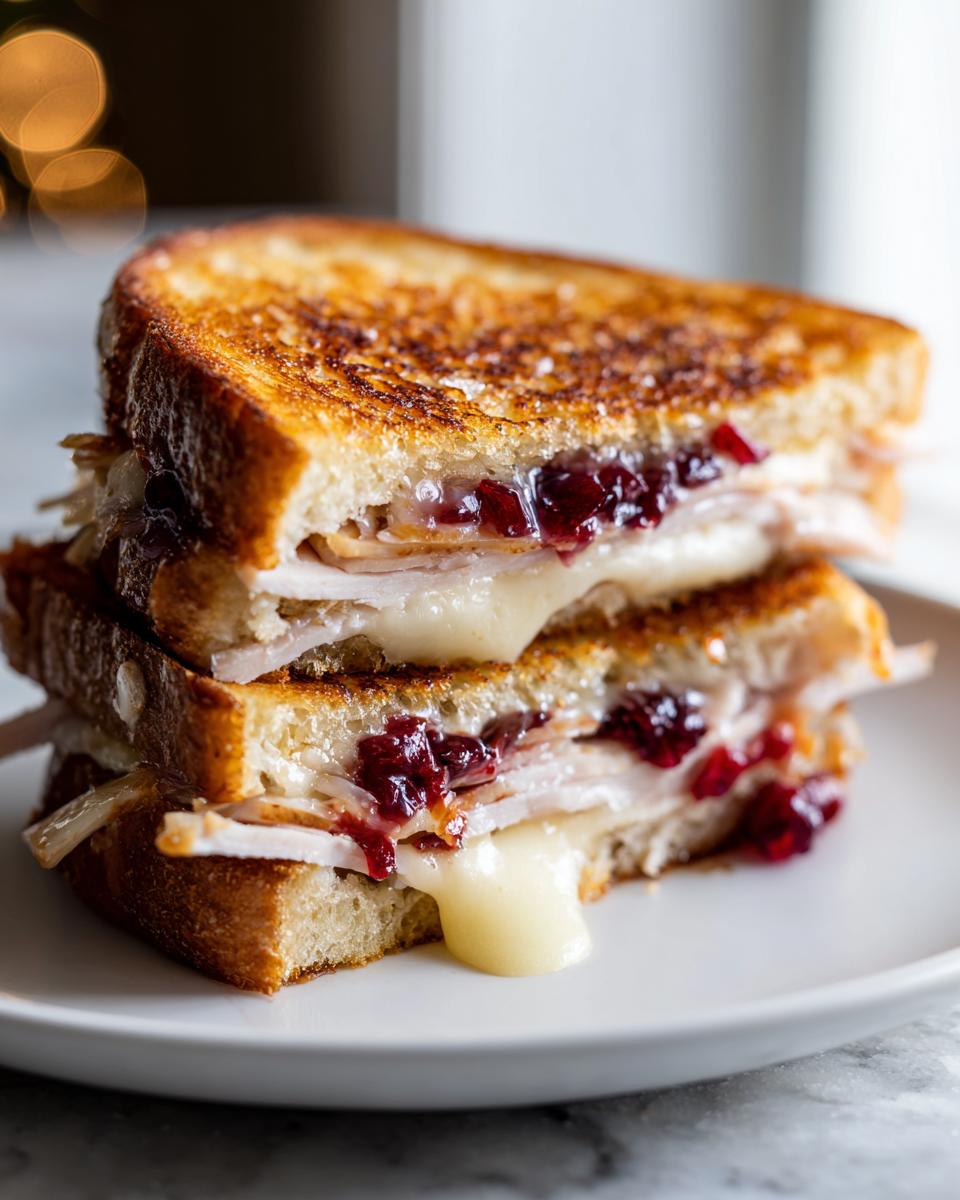 Close-up of a turkey cranberry grilled cheese sandwich with melted cheese and cranberry sauce.