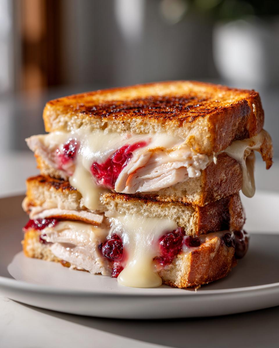 Close-up of a turkey cranberry grilled cheese sandwich with melted cheese and cranberry sauce