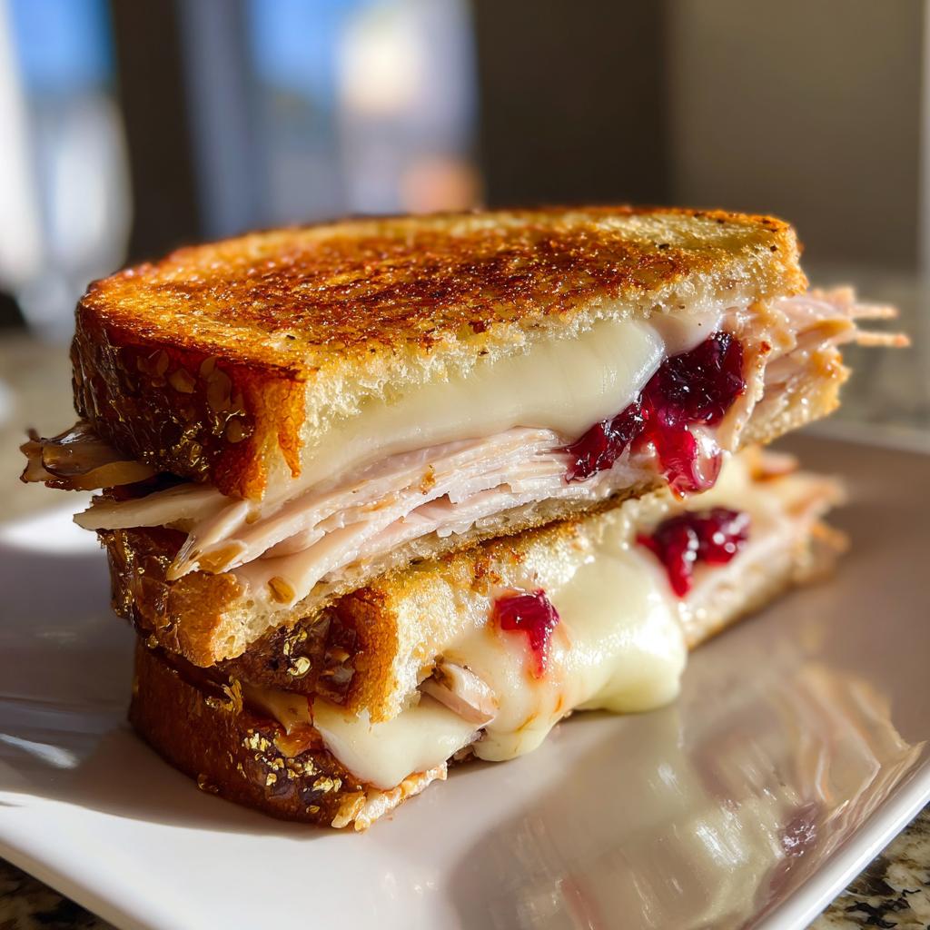 Close-up of a turkey cranberry grilled cheese with melted cheese and cranberry sauce on toasted bread.