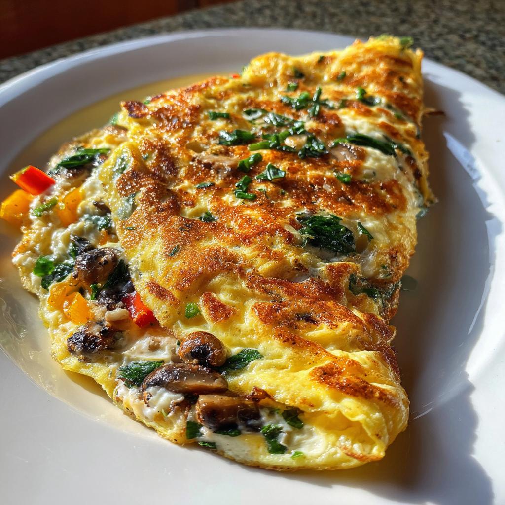 Close-up of a vegetable packed egg white omelet breakfast with mushrooms and peppers on a white plate