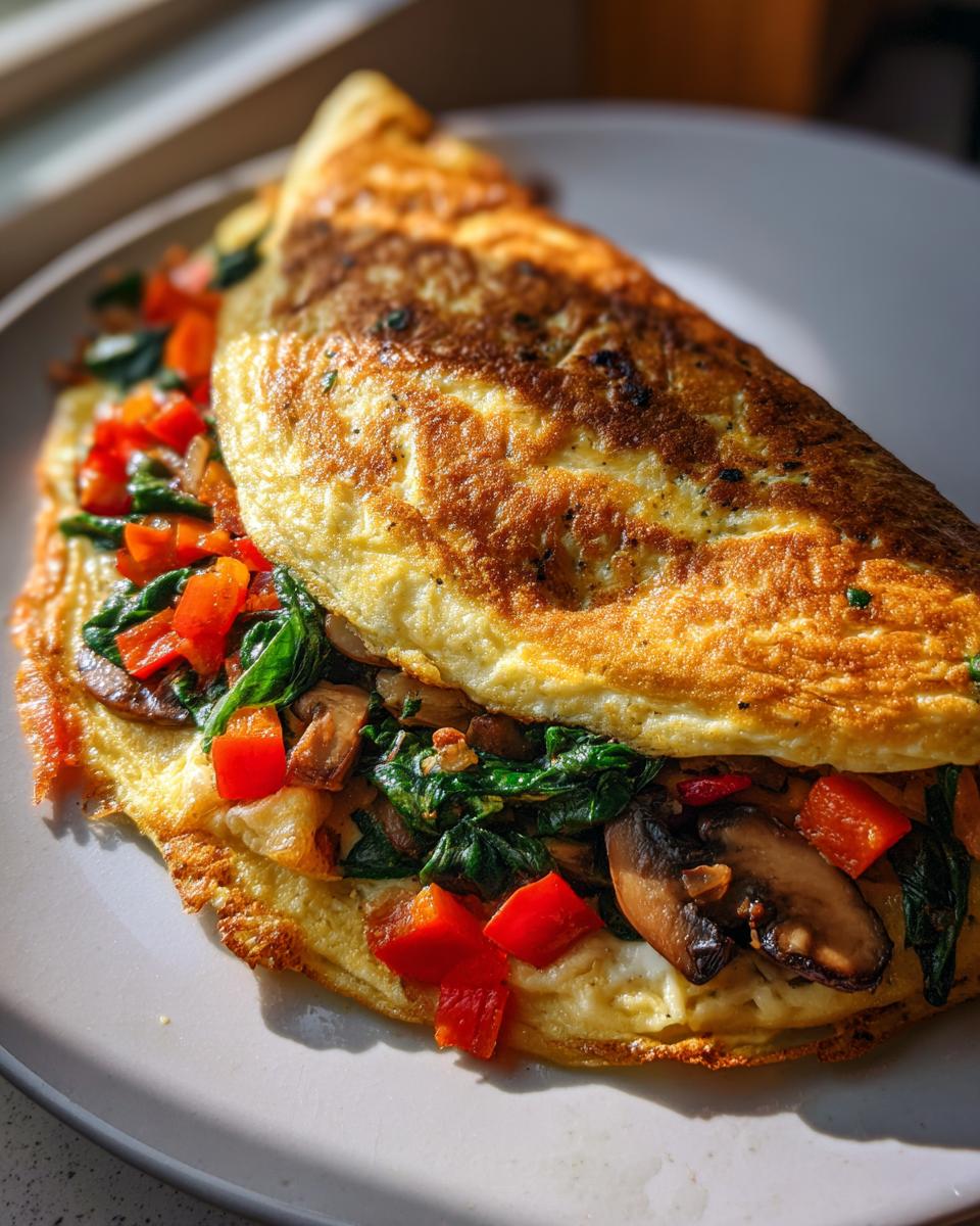 Close-up of a vegetable packed egg white omelet breakfast with spinach, mushrooms, and red peppers.
