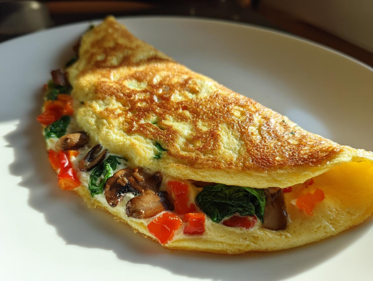 Close-up of a golden vegetable packed egg white omelet breakfast with mushrooms, spinach, and red bell peppers.