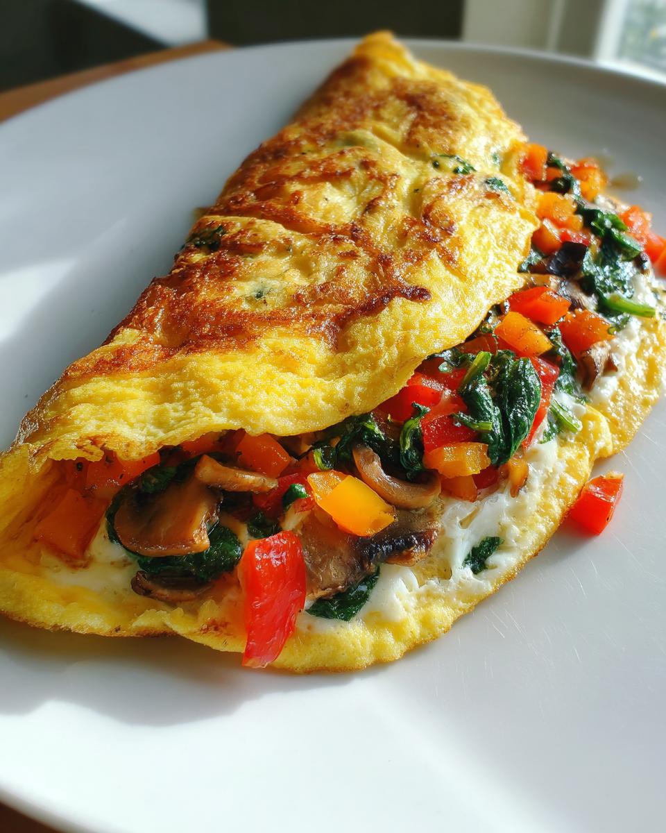 Close-up of a vegetable packed egg white omelet breakfast with spinach, mushrooms, and bell peppers.