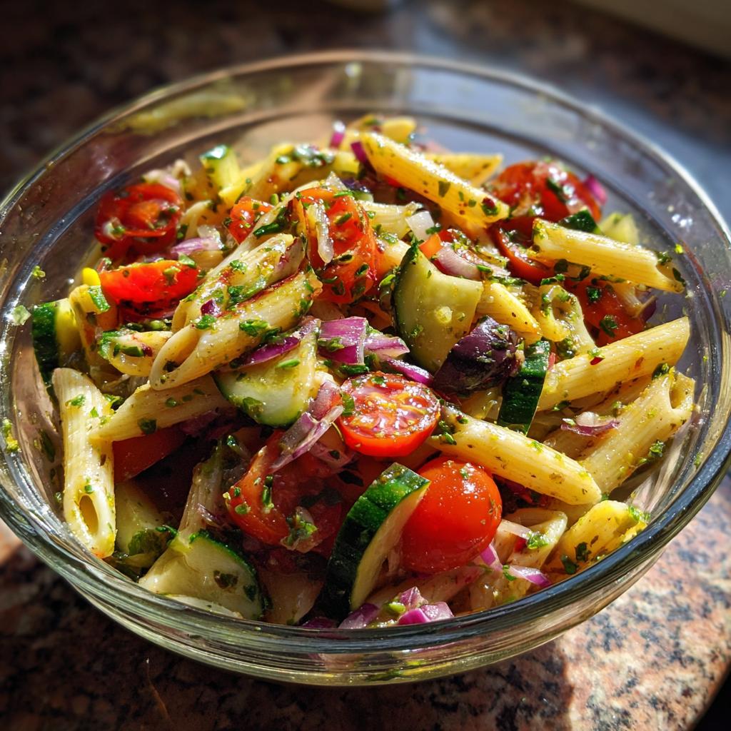 Bowl of vibrant vegetable pesto pasta salad with cherry tomatoes, cucumber, red onion, and penne pasta.