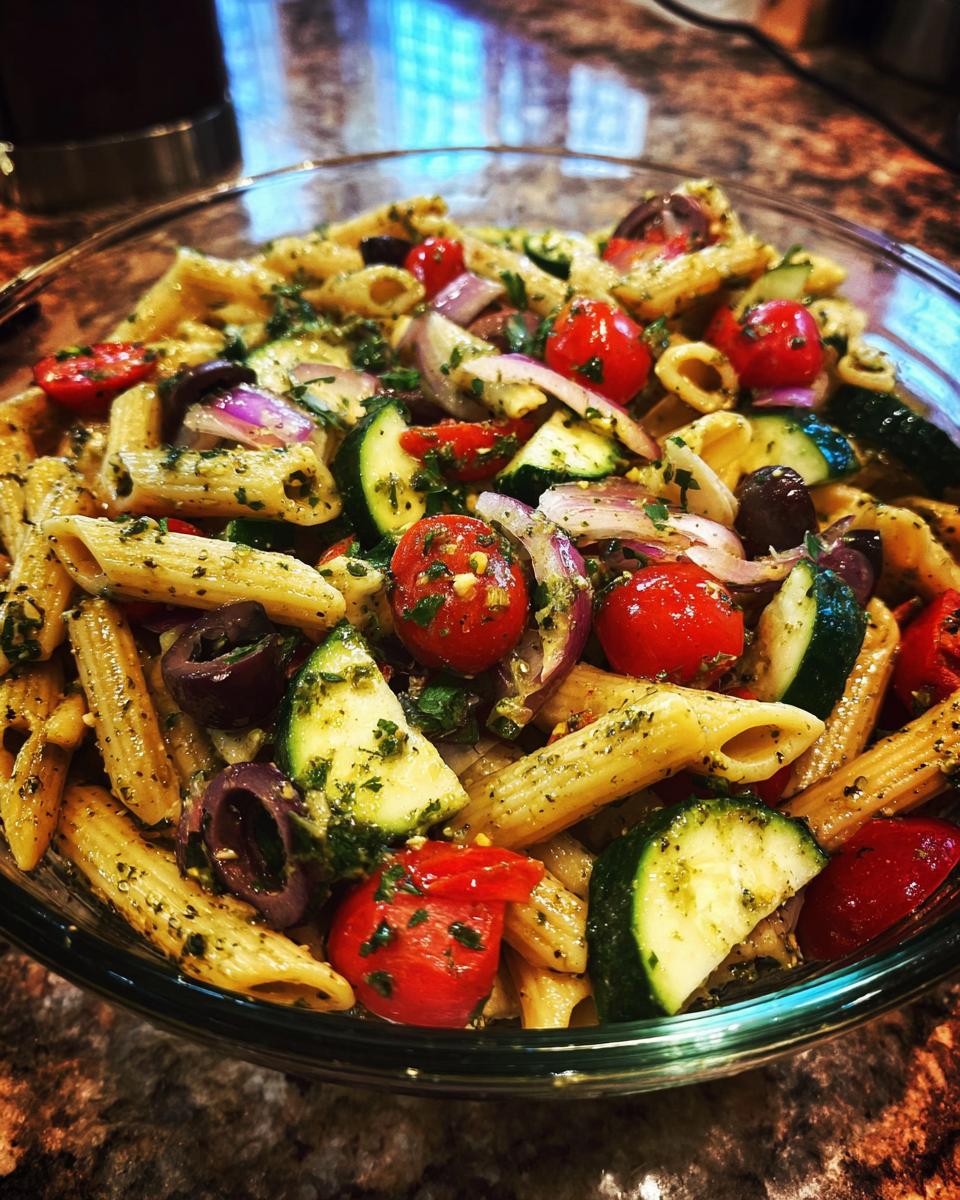 Glass bowl with vegetable pesto pasta salad including penne, cherry tomatoes, zucchini, olives, and red onions