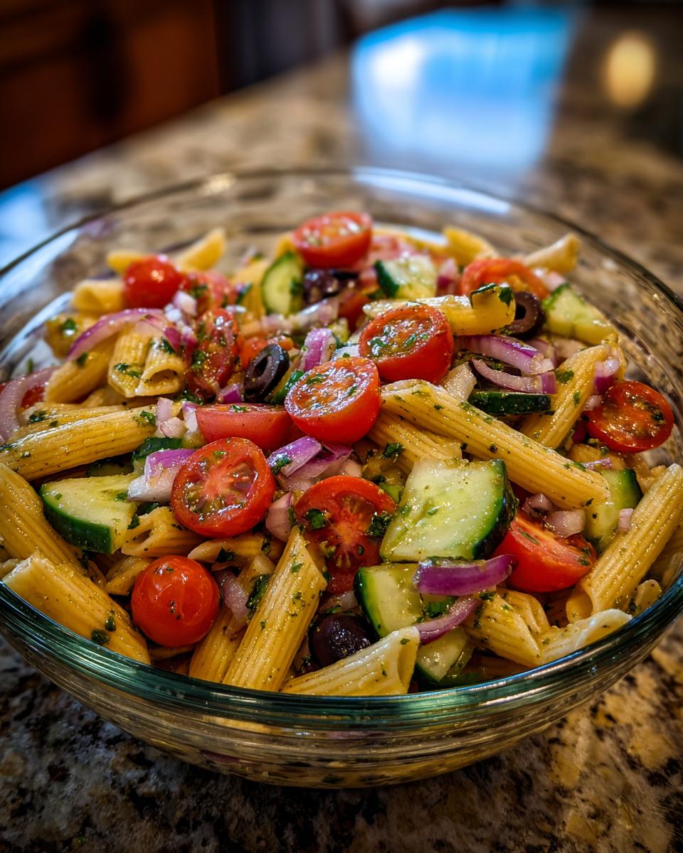 Bowl of vegetable pesto pasta salad with cherry tomatoes, cucumbers, onions, and olives.