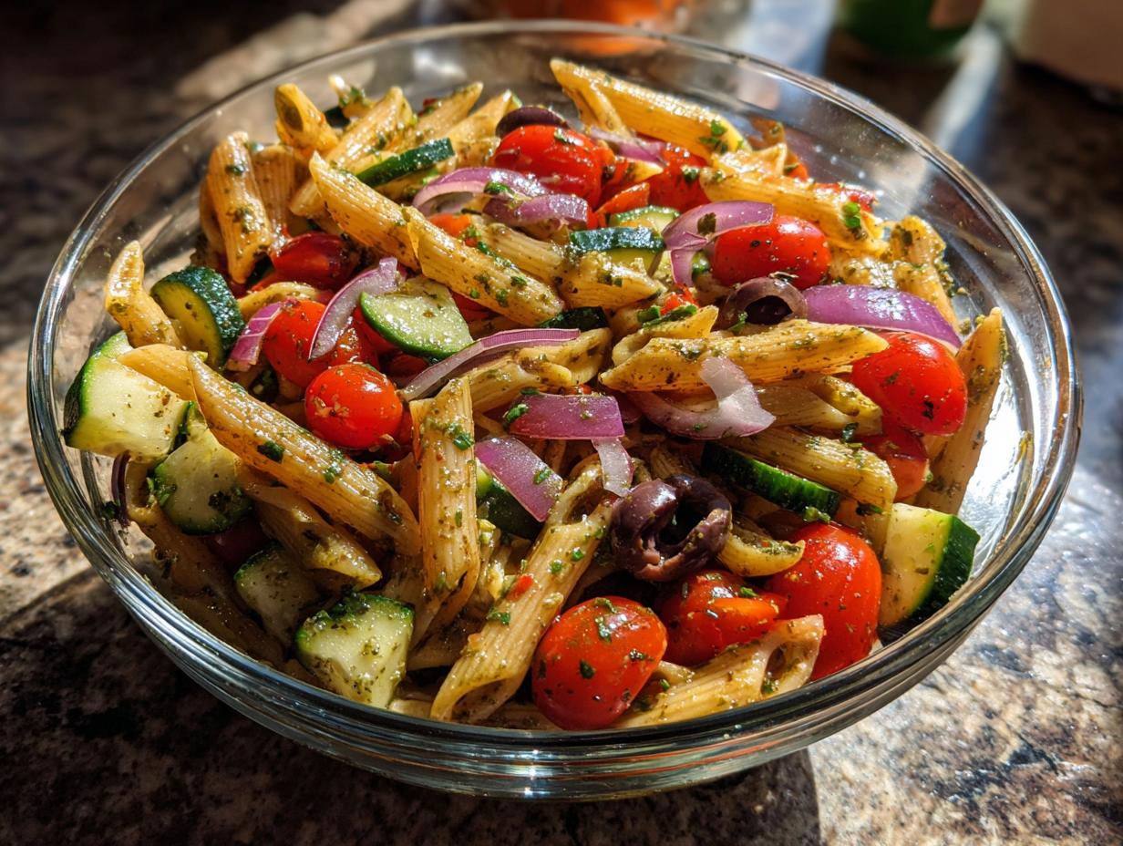 Colorful vegetable pesto pasta salad with penne, cherry tomatoes, cucumbers, olives, and red onions in a glass bowl.
