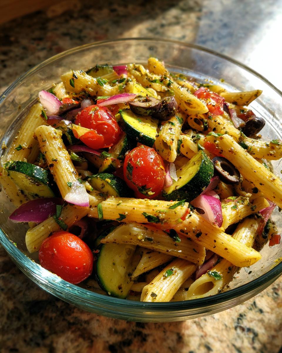Bowl of vegetable pesto pasta salad with penne, cherry tomatoes, zucchini, olives, and red onion.