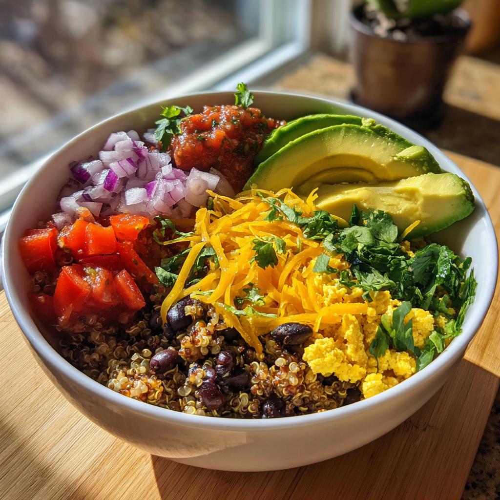 Fresh veggie loaded breakfast burrito bowl with avocado, black beans, quinoa, cheese, salsa, and chopped onions.