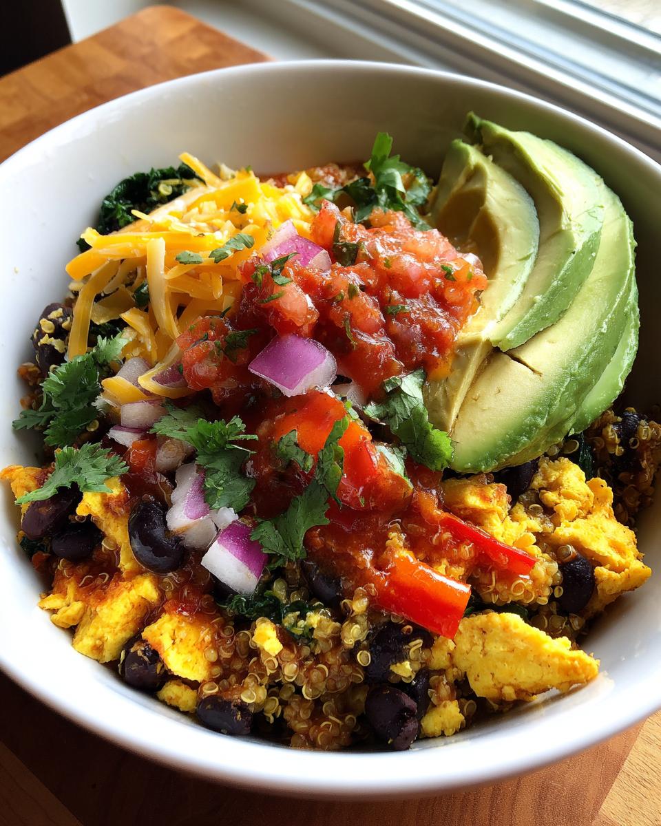 Veggie loaded breakfast burrito bowl with avocado, salsa, cheese, black beans, quinoa, and eggs.