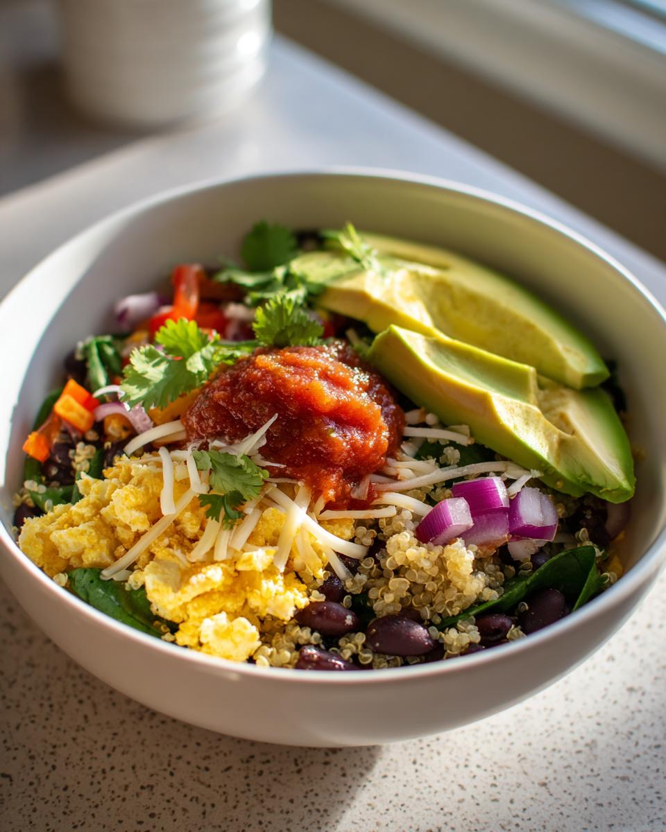 Veggie loaded breakfast burrito bowl with avocado, salsa, scrambled tofu, and quinoa