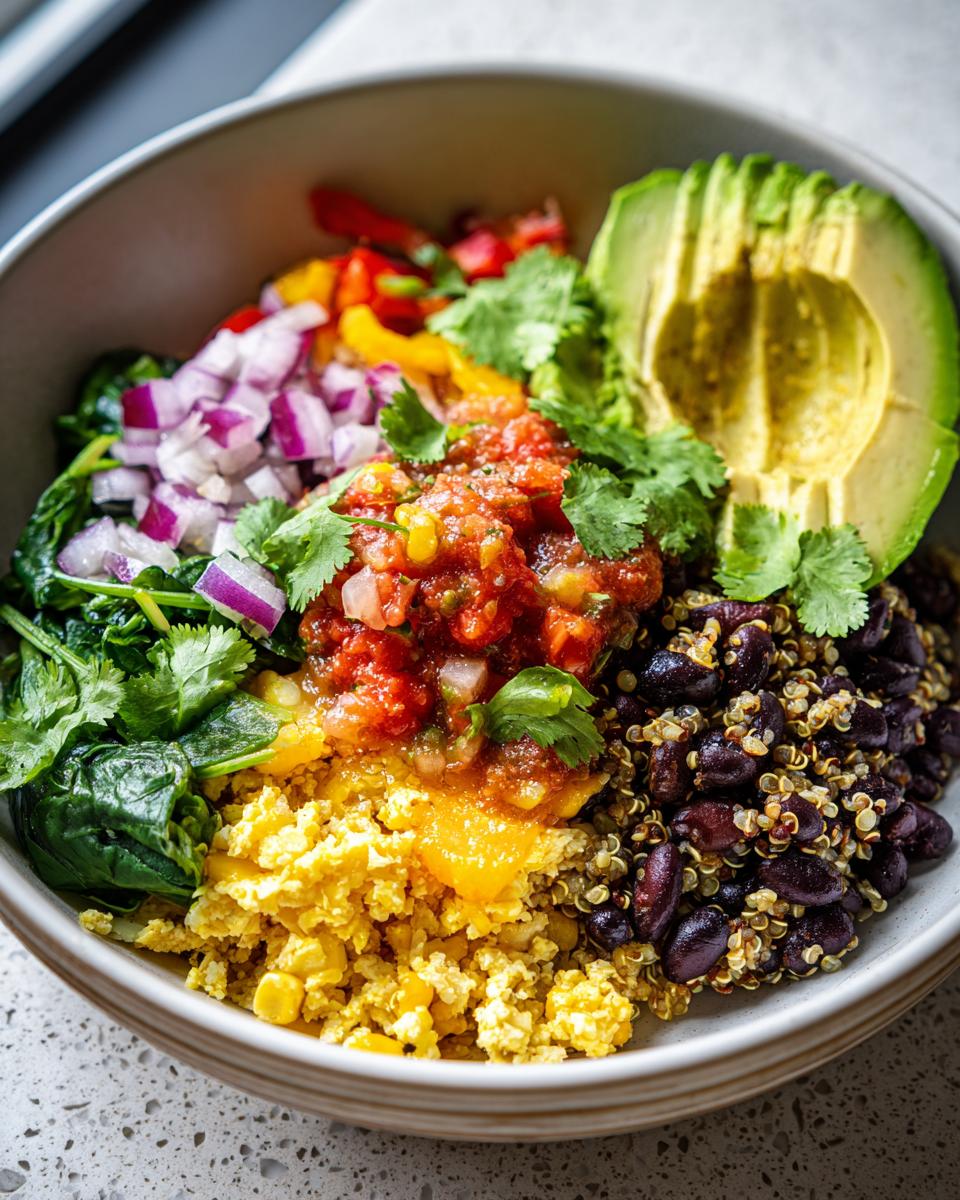 Bowl filled with veggie loaded breakfast burrito bowl ingredients including avocado, beans, salsa, onions, and greens.