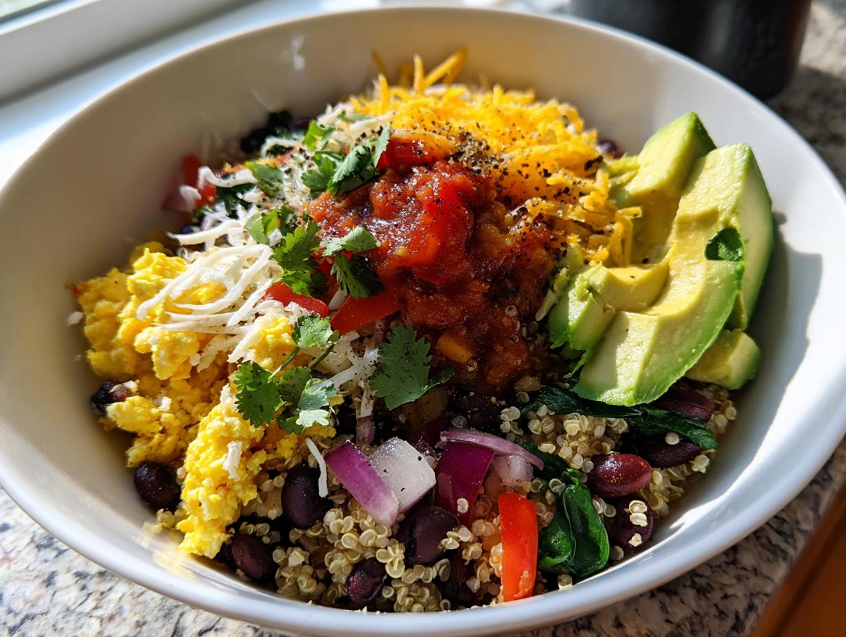 Veggie loaded breakfast burrito bowl with scrambled eggs, avocado, black beans, quinoa, cheese, and salsa