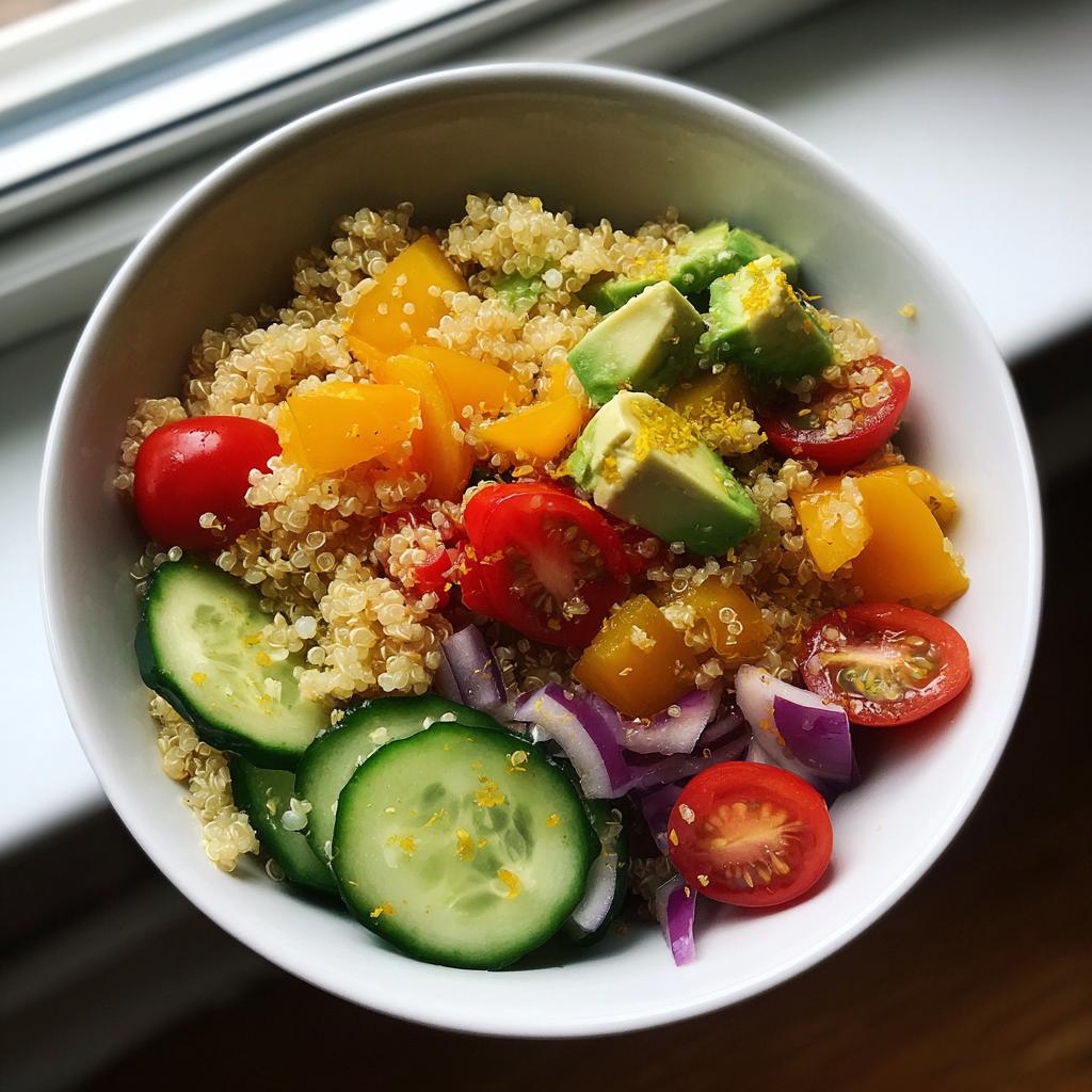 Fresh veggie packed quinoa lunch bowl with avocado, cherry tomatoes, cucumber, and red onion.