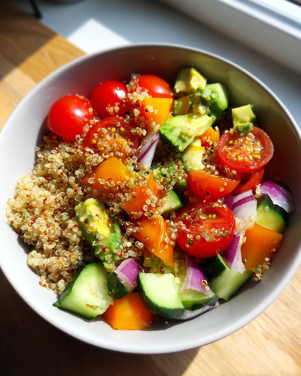 White bowl filled with veggie packed quinoa lunch bowl including cherry tomatoes, cucumber, red onion, and avocado