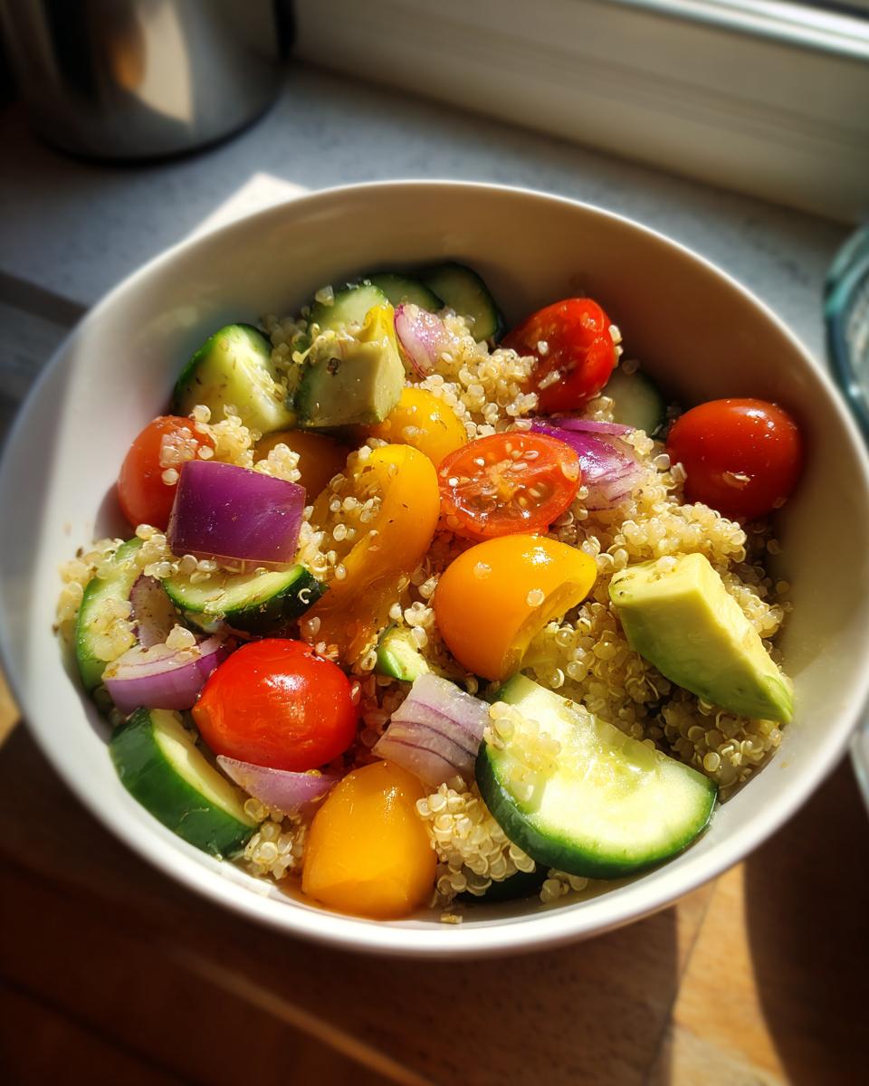 Veggie packed quinoa lunch bowl with cucumbers, cherry tomatoes, avocado, and red onion in a white bowl.