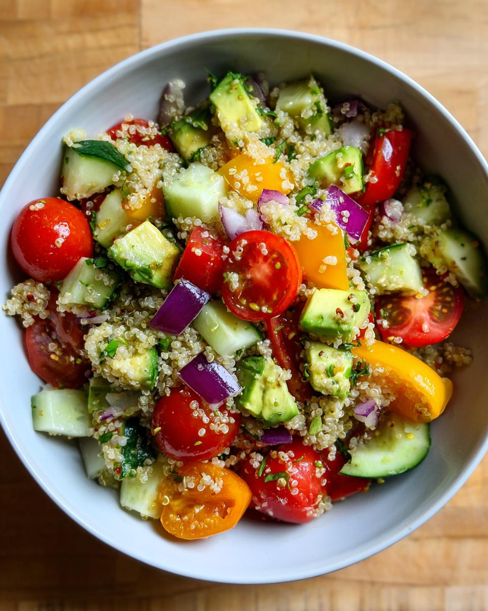 Bowl filled with veggie packed quinoa lunch bowl including cherry tomatoes, cucumber, avocado, and red onion.